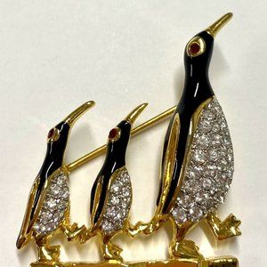 Vintage Figural Family Penguins  Crystal Brooch